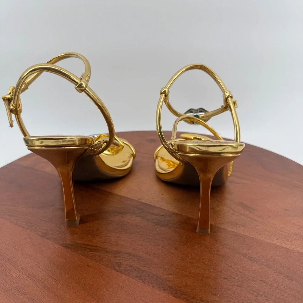 Gianni Bini Heeled Sandals Womens Gold Metallic Lip Charm Strappy Stiletto 8M